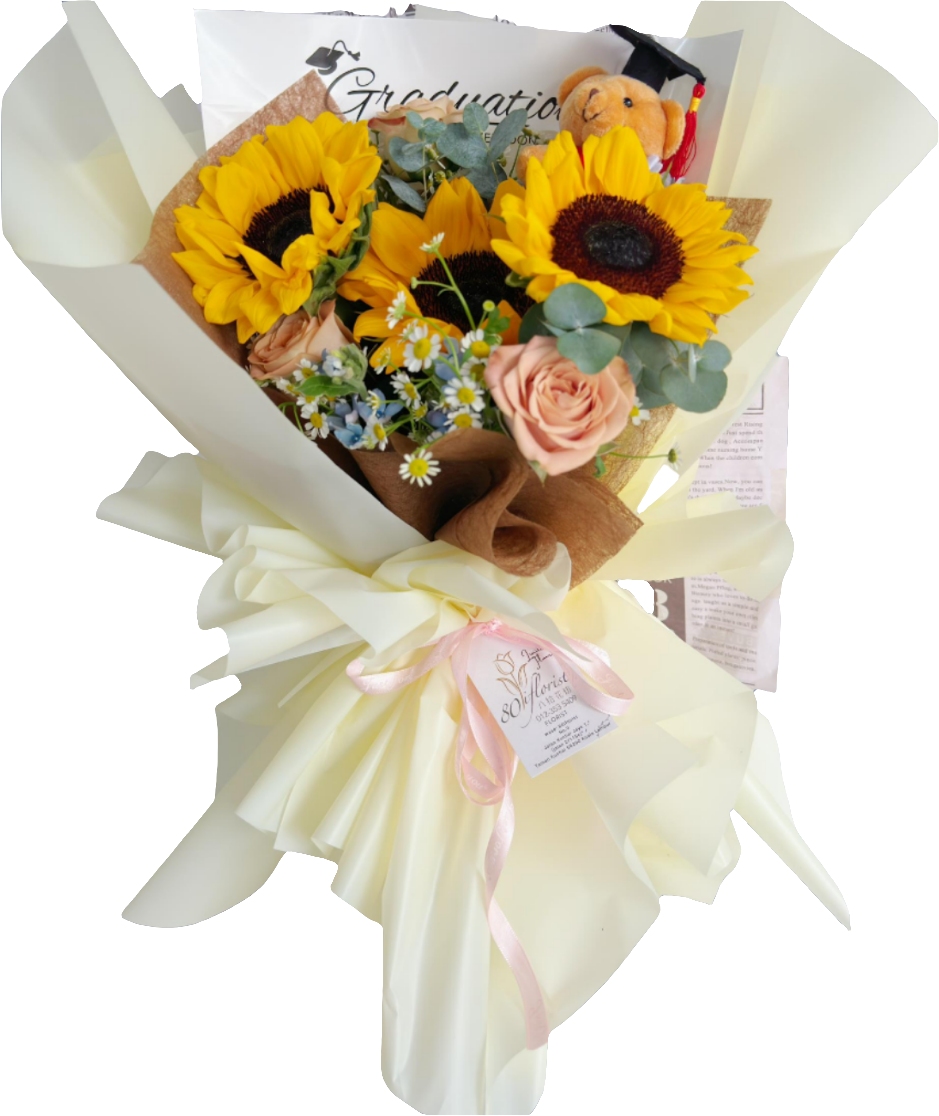 Graduation Cappuccino Roses Mixed with Sunflower Bouquet Delivery in KL