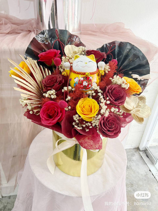 KL花店推荐开张祝贺招财猫抱抱花桶