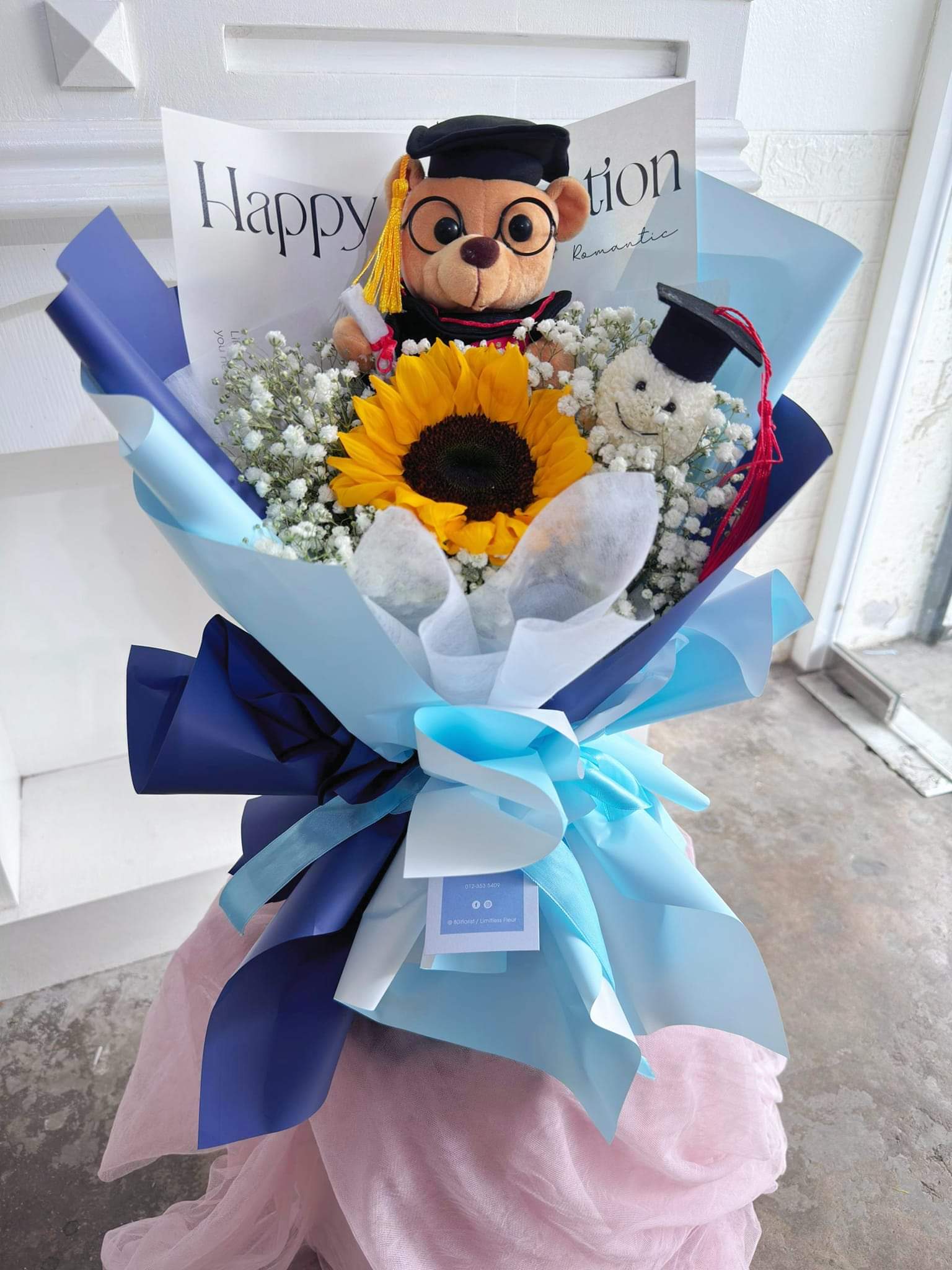 Happy Face Ping Pong Sunflower Graduation Bouquet with Convo Bear – GB17