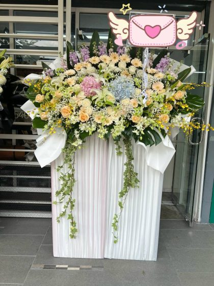 Premium White Double Satin Box Condolence Flower Stand delivery in KL funeral parlours