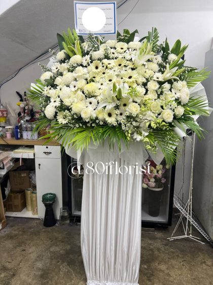White Tone Satin Box Condolence Flower Stand delivered to Puchong