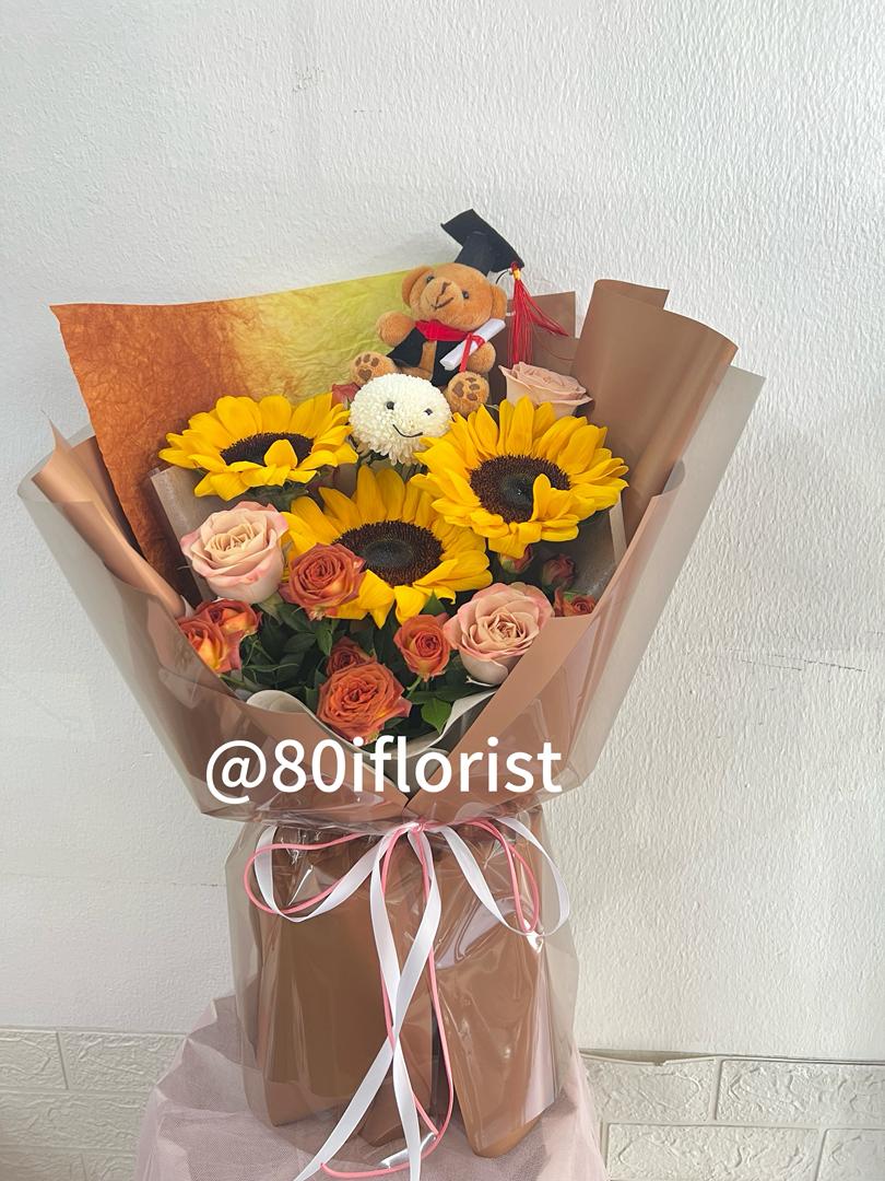 Flower Shop KL - Bright fresh sunflower bouquet paired with a cute graduation bear