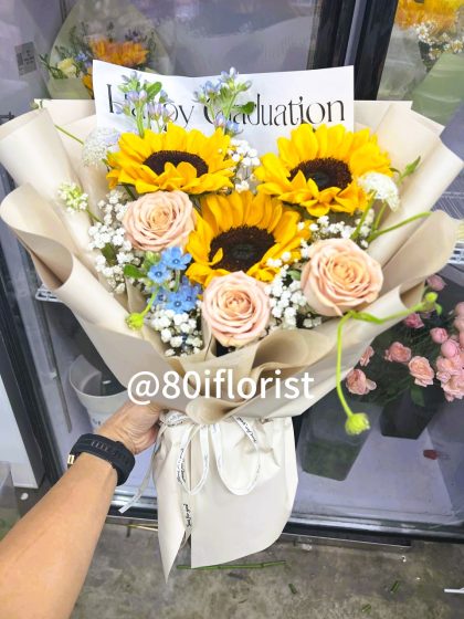 Sunflower and Cappuccino Rose Graduation Bouquet with Free Message Card – Same-Day Delivery in PJ including Subang & Bandar Sunway