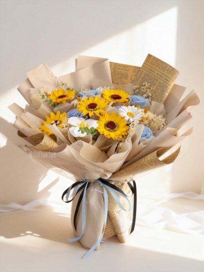向日葵天空蓝香皂花束 | Sunflower & Sky Blue Soap Rose Bouquet - SF02